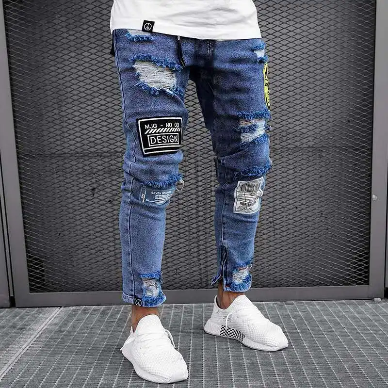 

Korean Style Men Jeans Badge Slim Dzinsy Meskie Z Dziurami Printing Feet Stretch Jeans Men Fashion