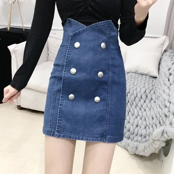 

Fashion High Waist Denim Skirt 2020 Spring Women's New Package Hip Double-breasted A- Line Skirt Female Ladies Black Jean Skirts