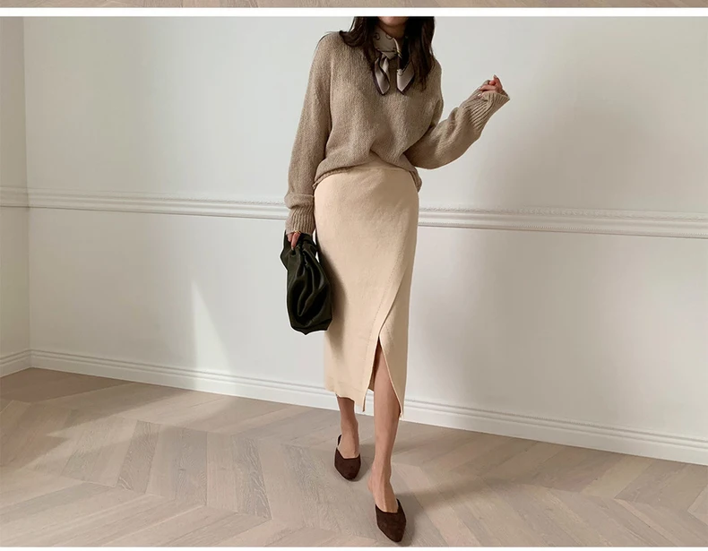 Autumn Winter Knitted Pencil Skirts Womens Korean Style High Waist Skirt Fashion Slim Warm Casual Split Female Midi Skirt Faldas