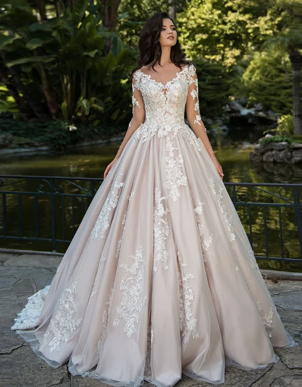picture color Сделанные на заказ свадебные платья трапециевидной формы Robe De Mariee с длинным рукавом пуговицы сзади аппликации Китай Свадебные платья Mariage - Цвет: picture color