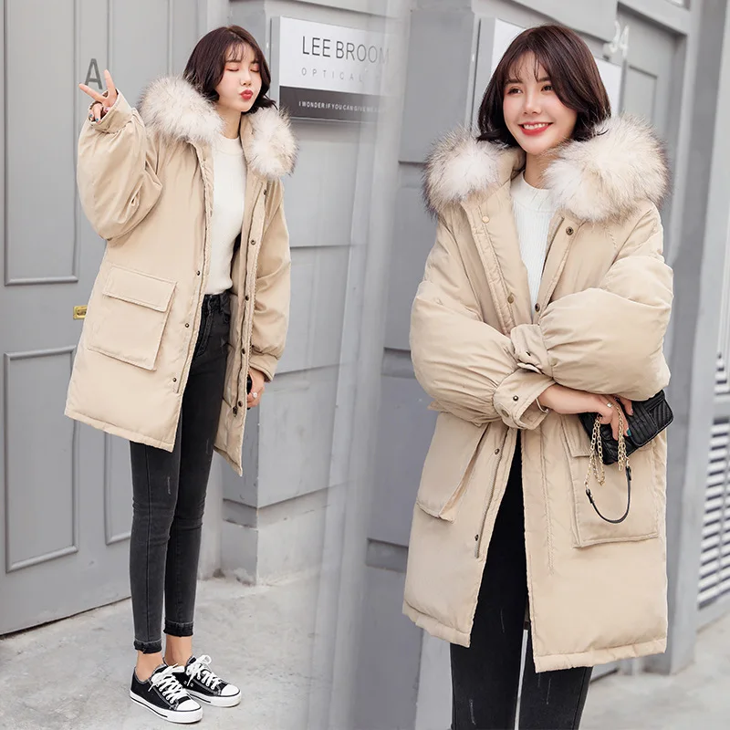 

2018 Winter New Style WOMEN'S Dress Loose And Comfortable Loose-Fit Cotton-padded Clothes Large Fur Collar Mid-length Thick down