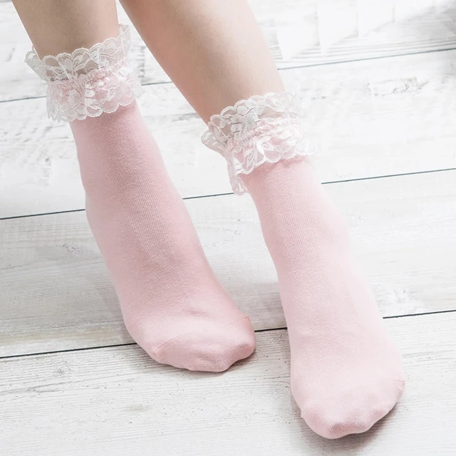 Women Lace Mesh Black White Cotton Socks Lolita Style Japanese Maiden Lovely Short Socks Harajuku Frilly Ruffle Princess Socks Pink