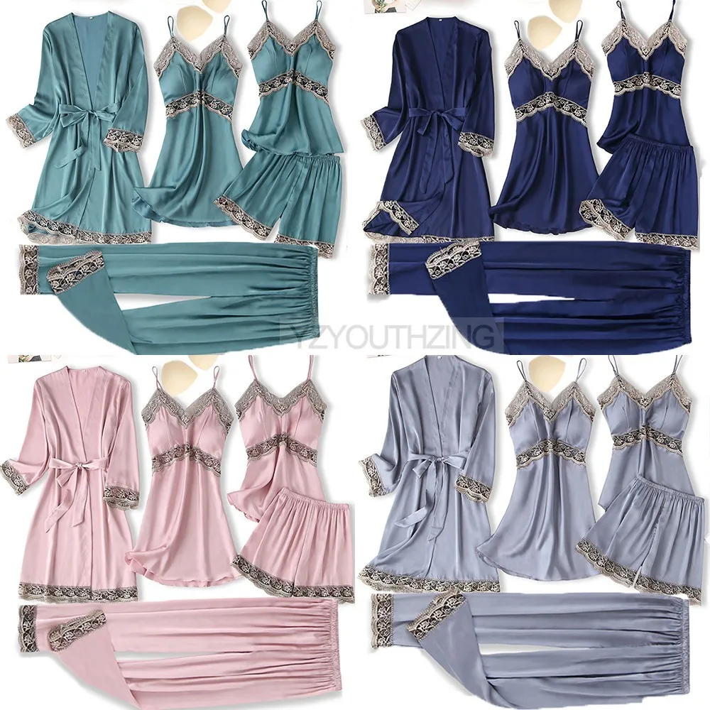 Women Sleepwear Bride Robes Sleepwear Pajamas 5PCS Robe Suit Satin Women Nightwear Lace Kimono Gown Bridal Wedding Bathrobe Set