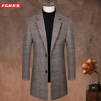 

FGKKS Quality Brand Men Plaid Wool Blend Coats Winter New Men's Warm Thick Long Section Overcoat Business Casual Wool Coat Male