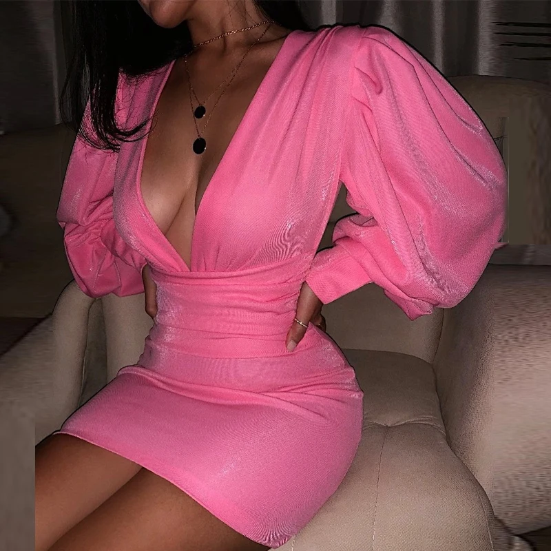 OMSJ, новейшая мода, сексуальные вечерние мини-платья, неоновые, розовые, облегающие платья с глубоким v-образным вырезом, пышные рукава, элегантная женская осенняя зимняя Клубная одежда - Цвет: Neon Pink