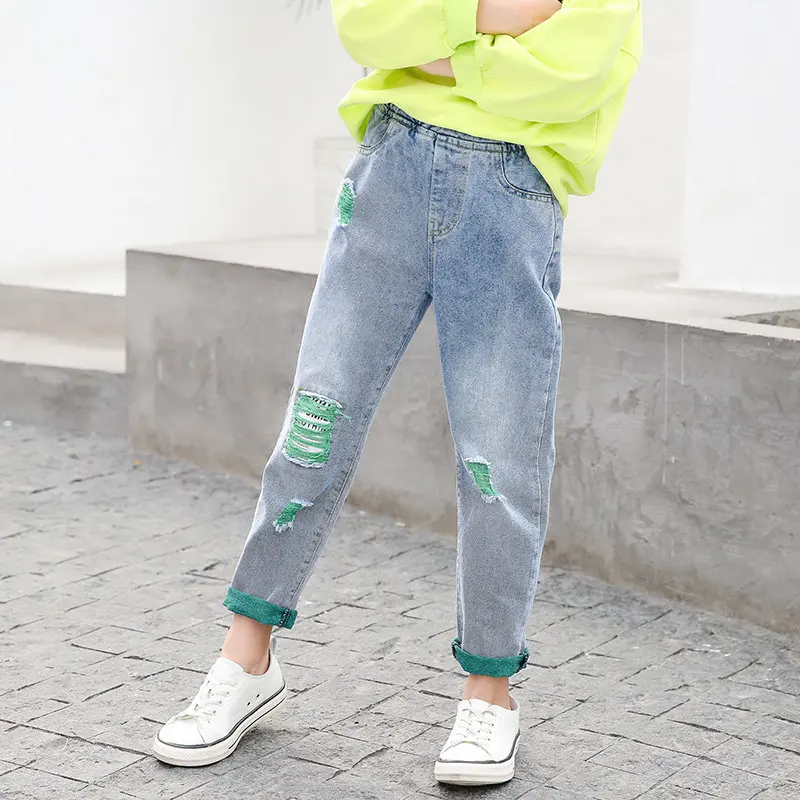 New Fashion Kids Ripped Jeans For Teen Girls Straight Fit Autumn Jeans Baby Girl Elastic Waist Denim Pants Child Casual Trousers