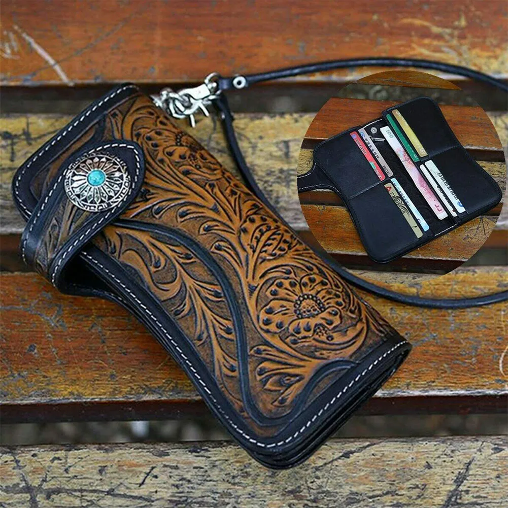 

Men Women Wallet Handmade Vintage Button Open Artificial Cow Leather Multipurpose Holder Casual Gift Storage Japanese Carved