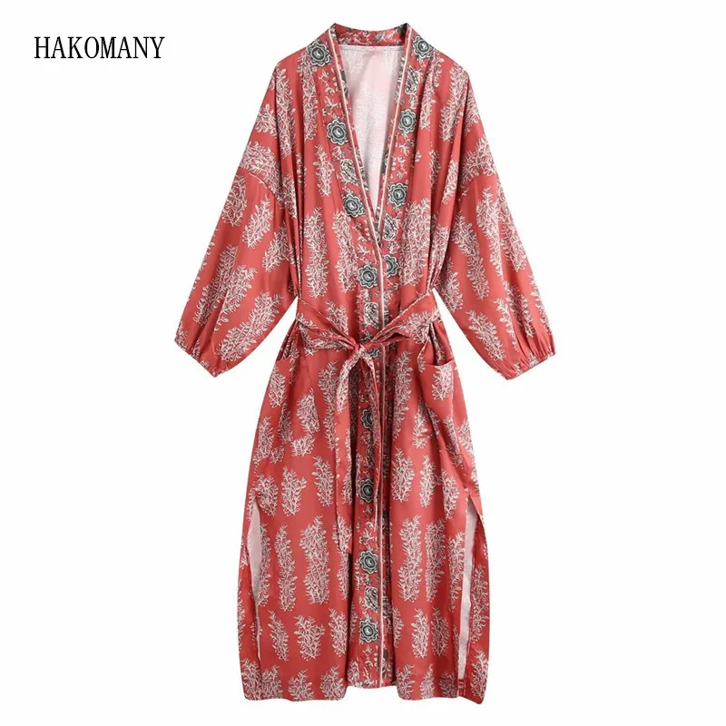 Bohemian V neck Grass Floral Print Long Kimono Shirt Ethnic Lacing up With Sashes Long BOHO Cardigan Tie Bow Blouse