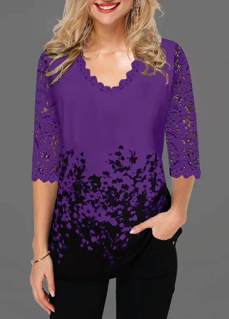 Women V Neck Blouse Shirt Half Sleeve Print Floral Spring Pullover Plus Size 5XL Hollow Out Lace Female Casual Shirt Women V Neck Blouse Shirt Half Sleeve Print Floral Spring Pullover Plus Size 5XL Hollow Out Lace Female Casual Shirt