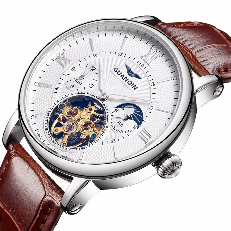 GUANQIN, мужские часы, Лидирующий бренд, роскошные Tourbillon, автоматические механические часы, мужские водонепроницаемые наручные часы с скелетом, Relogio Masculino