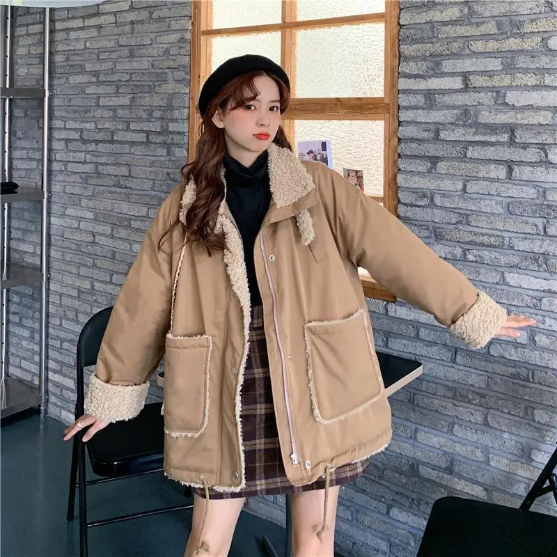 hooded puffer jacket Lamb Wool Padded Jackets Women Clothes Patchwork Plus Velvet Thick Autumn Winter New Korean Loose Harajuku Style Warm Jacket puffer coat with fur hood Coats & Jackets