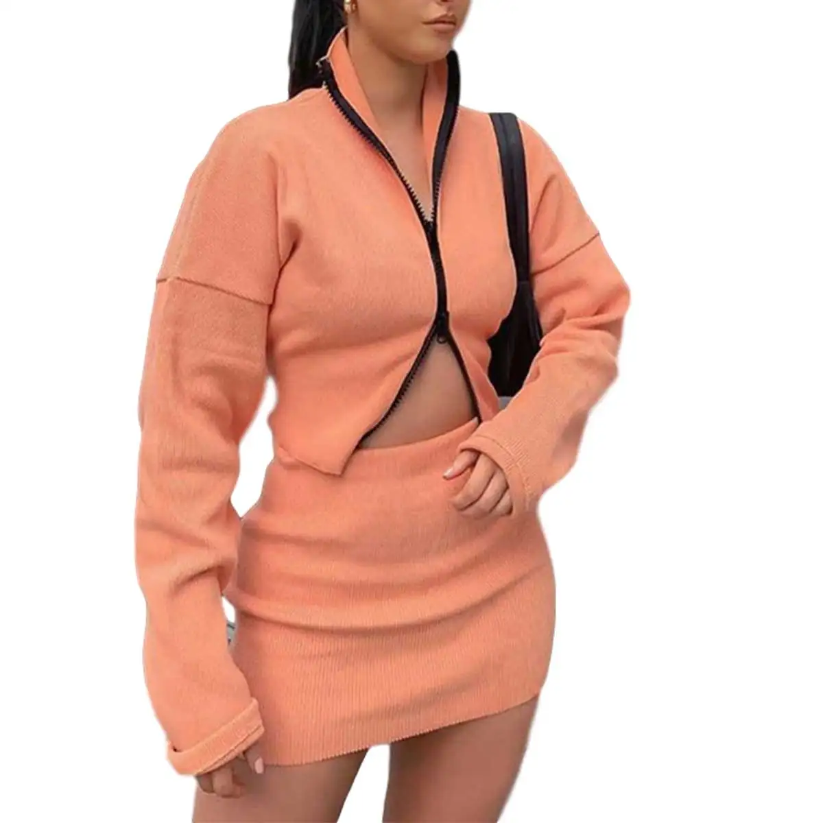 

Two Piece Set Women Long In Cover Two-way Jackets With Zipper Skinny Pencil Skirt Sets Women Autumn Winter Warm Knitted Outfits