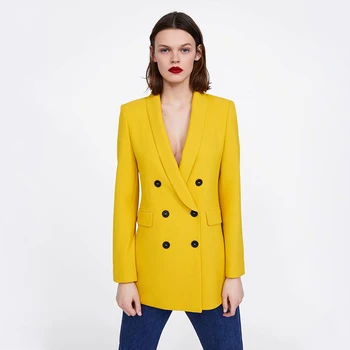 

ZA Ladies Suit Jacket Pink Yellow Long-sleeved Lapel Double-breasted Casual Fashion Elegant Trend Light Luxury Suit