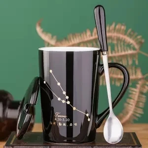Чашка керамическая чашка кружка с крышкой с ложкой Мужская и женская пара креативная чашка Бытовая чайная чашка молочная чашка кофейная чашка Tazas стакан - Цвет: Taurus