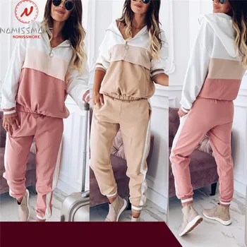 

Women 2 Piece Outfits for Streetwear Color Matching Design Hooded Decor O-Neck Long Sleeve Top+Elastic Mid Waist Pencil Pants