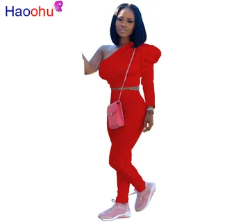 

HAOOHU Winter Women tracksuit Inclined shoulder Crop Top Leggings Pants suit two piece set Casual Sporty Overalls Outfits