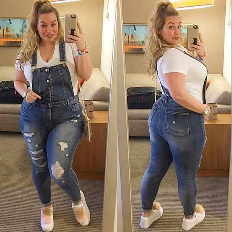 

Women Plus Size Jumpsuit Denim Blue Overalls Fashion Strap Lady Bodysuit Backless Streetwear Large Size Female Body Rompers
