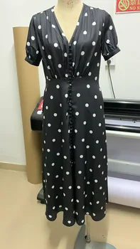 

Women Dress 2019 Summer Romantic Retro V-Neck Short Sleeve High Waist Single-Breasted Green Dress