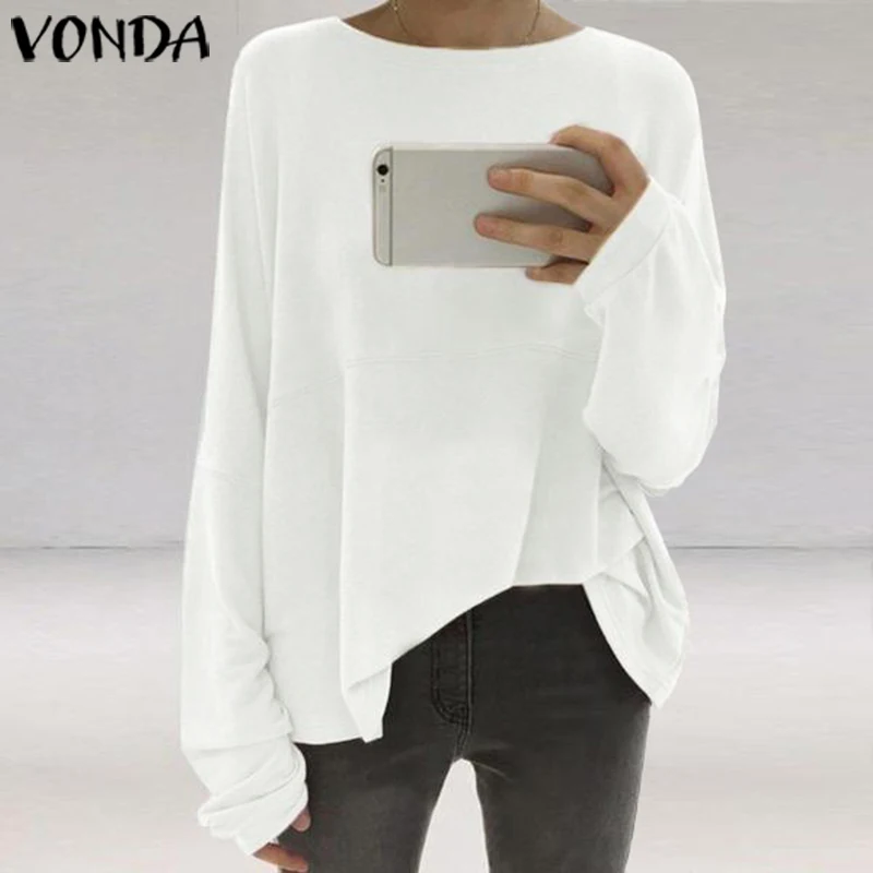 

VONDA Plus Size Blouse Women 2019 Autumn Spring Shirt Female O Neck Vintage Solid Blusas Casual Loose Long Sleeve Tops S-5XL