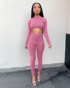 

2020 Sexy Autumn 2 Two Piece Set Women Casual Solid Ribbed Crop Top High Waist Leggings Pants Jogging Femme Tracksuits