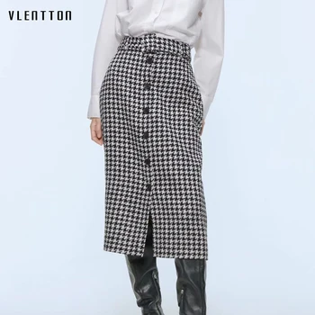 

2020 Autumn Winter Vintage Plaid Tweed With Belt Midi Skirt Women Chic Button Office Ladies Houndstooth High Waist Skirts Faldas