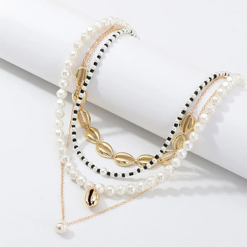 Летнее Европейское пляжное многослойное жемчужное ожерелье, модное многослойное ожерелье из сплава морской раковины, ювелирное изделие для девушек