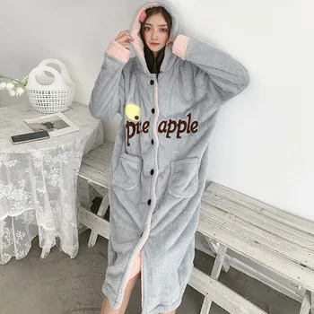 

Winter Nightgown Robe Women Coral Fleece Printed Sleepwear Flannel Ladies Robe Hooded Warm Home Clothes Comfortable Nightclothes