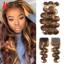 HairUGo P4/27 Highlight Color Body Wave Human Hair Bundles With Closure Remy Brazilian Hair Weave Bundles With 4*4 Lace Closure