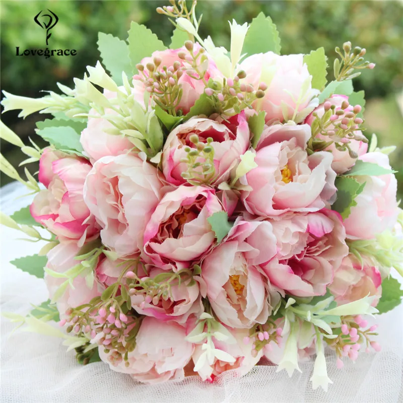 Lovegrace шелковые свадебные цветы Свадебный держатель букетов Свадебный букет для подружек невесты Искусственный Пион Букет для свадьбы - Цвет: C-Rose-red