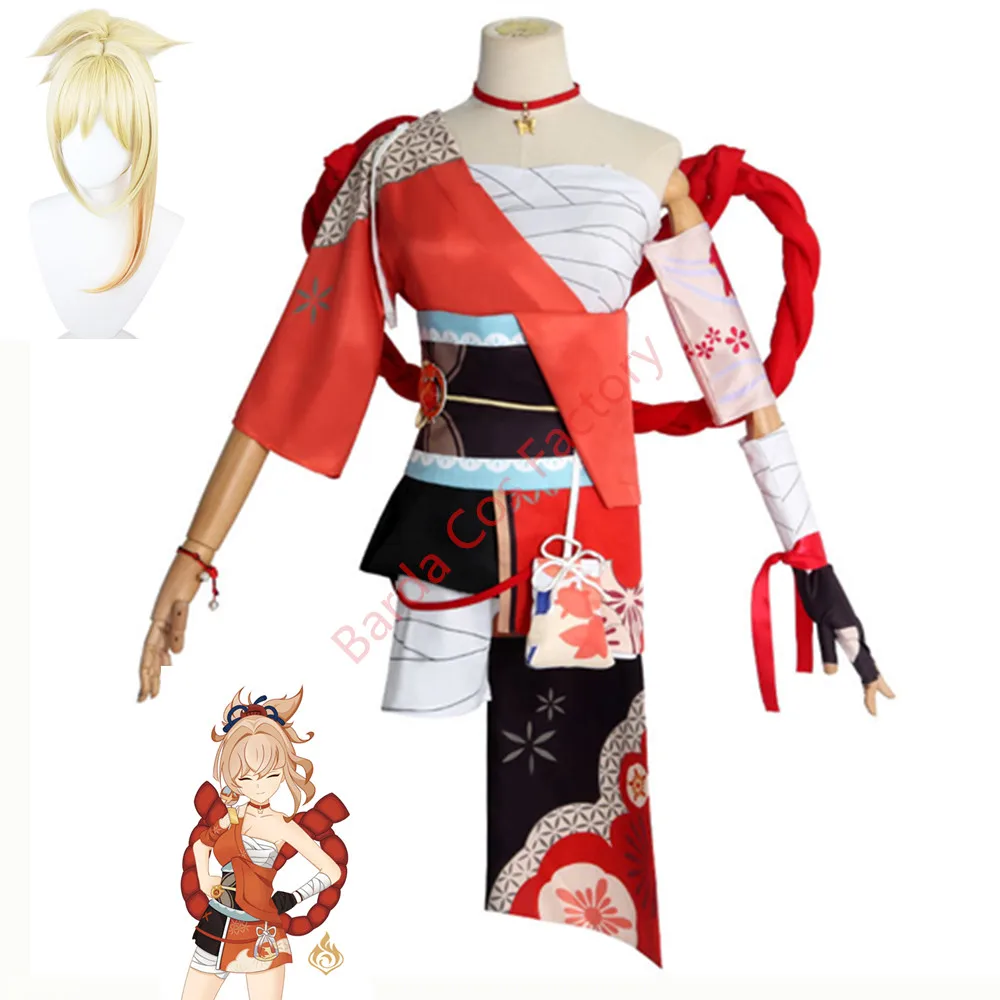 

Genshin Impact Naganohara Yoimiya Cosplay Costume Wig Anime Game Halloween Outfits Kimono Dress Women Set