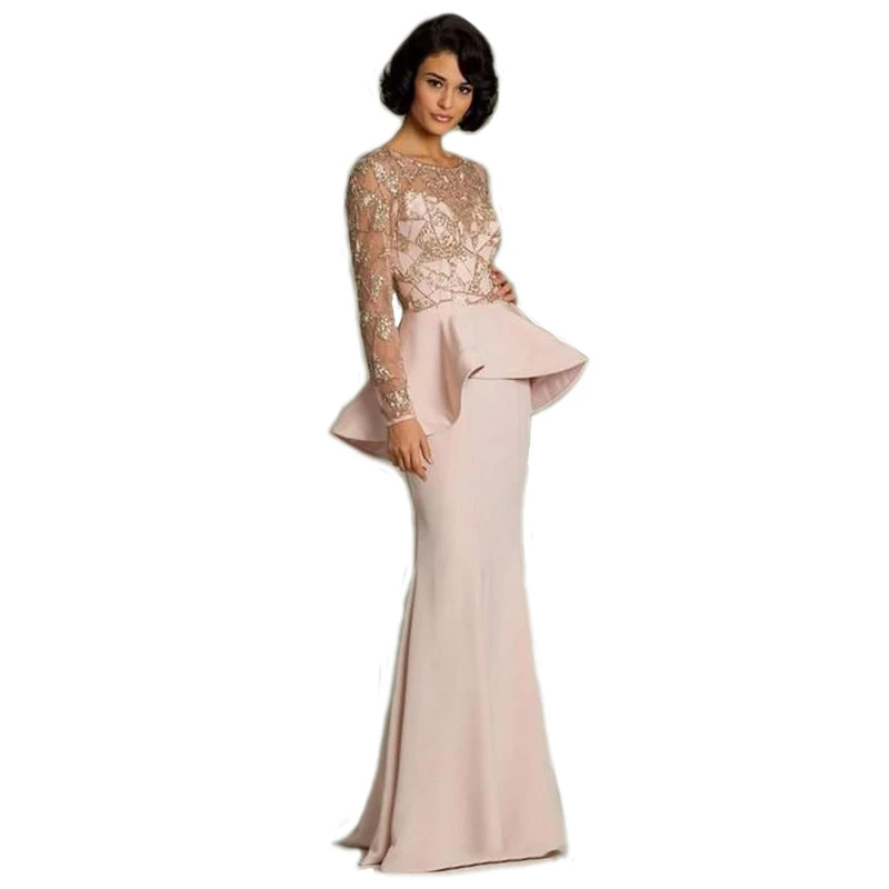 

Designer Evening Gown 2018 New Style Illusion Lace Top Mermaid Blush Pink Evening gown Long Sleeves mother of the bride dresses