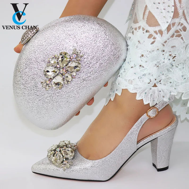 Comfortable Heels Nigerian Women Shoes and Bag to Match in Silver Color