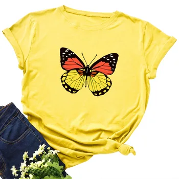 

100% cotton new fashion butterfly print round neck short sleeve women's T-shirt