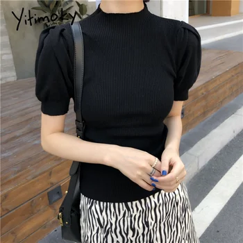 

Puff Sleeve Women Sweaters and Pullovers Elegant Office Ladies Short Sweaters Half Turtleneck Korean Spring Tops Black shirts