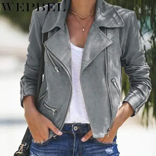 

WEPBEL Women's Casual Long Sleeve Zipper Turn-down Collar Short Jacket Autumn Winter Fashion Solid Color Slim Fit Jacket