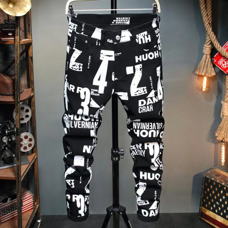 2021 European Style Men Black Jeans Spring Autumn Digital Printing Cotton Pants Men
