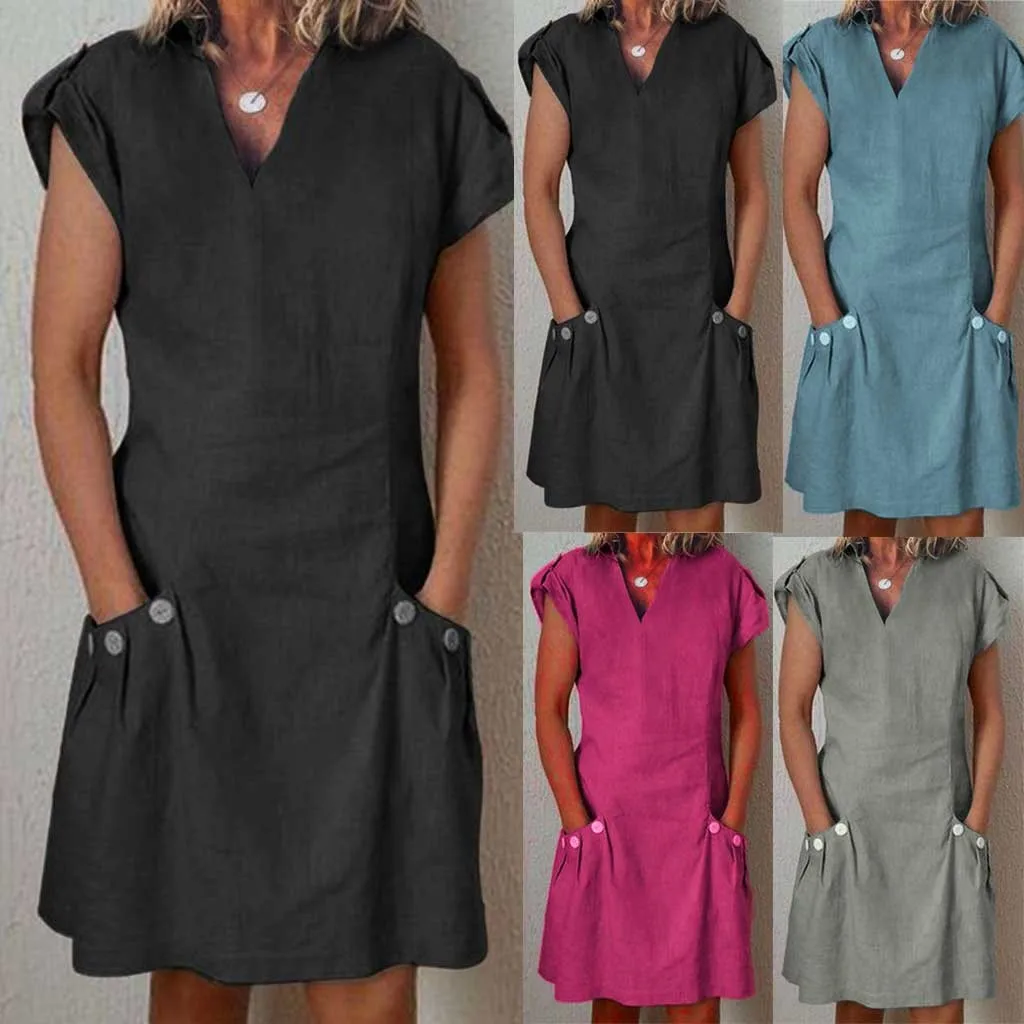 

30#Women Casual Solid dresses casual Mini Dress Casual Solid Ruffled Pockets V-Neck Shift Daily Buttoned-decor Dresses