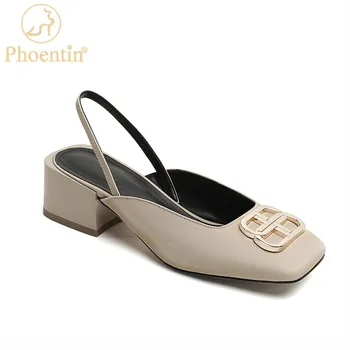 

Phoentin Woman elegant Sandals Metal Decoration Square Toe Pumps ladies Genuine Leather high Heel Shoes Plus Size 34-43 FT1149