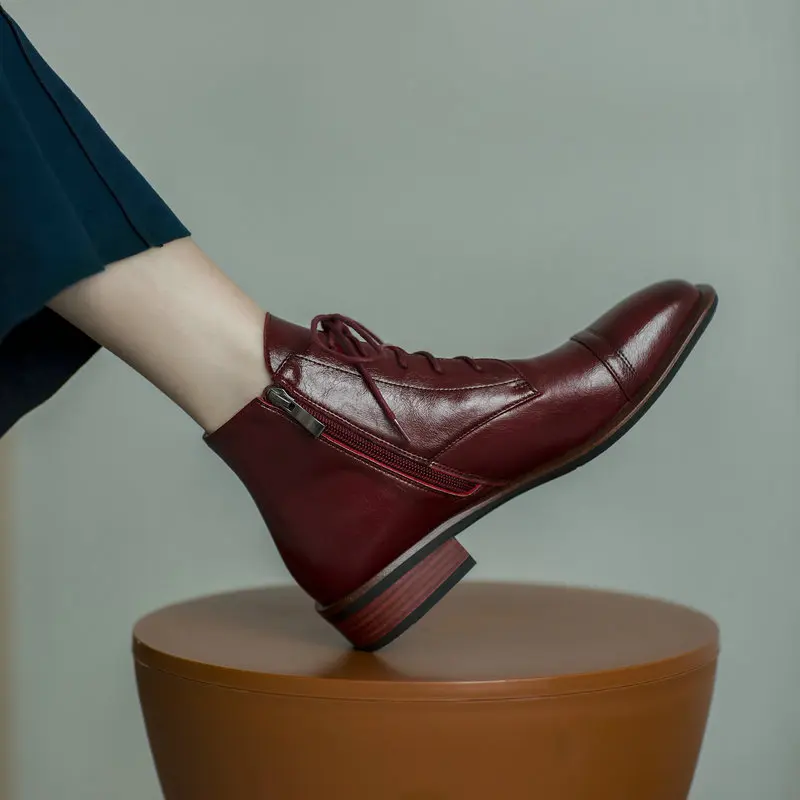 Fashion Red Boots High Quality Cow Leather Buckle Lace-up Round Toe Women's Shoes Handmade New Ankle Boots