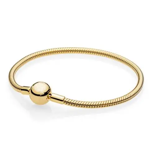 Серебряный браслет из натуральной 925 пробы золотого цвета с гладкой застежкой в виде шарика и змеиной цепи, браслет с подвеской из бисера, модное ювелирное изделие Diy