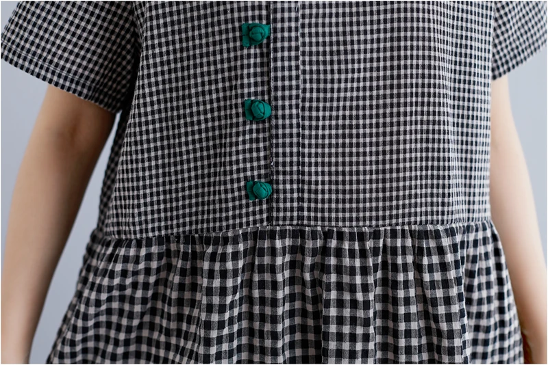 Новое Женское винтажное плиссированное платье с пряжкой размера плюс, свободное клетчатое платье с О-образным вырезом и карманами, повседневные платья с коротким рукавом, лето, AE761