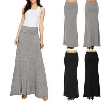 

Women Fashoion Elastic High Waist Dress Pleated Vintage A-line Long Bodycon Solid Gypsy Swing Skirt