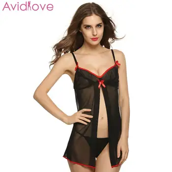 

Women Open Babydoll Chemises See-through Sexy Lingerie G-string Chemise Pajamas Backless Bow Front Slit Dress Porno Sleepwear