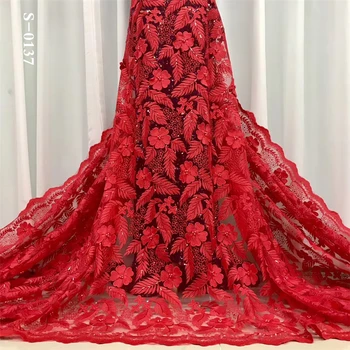 

New Design African Mesh Lace Fabric High Quality Red Nigerian Tulle Lace French Net Lace With Beads And Stones For Dress