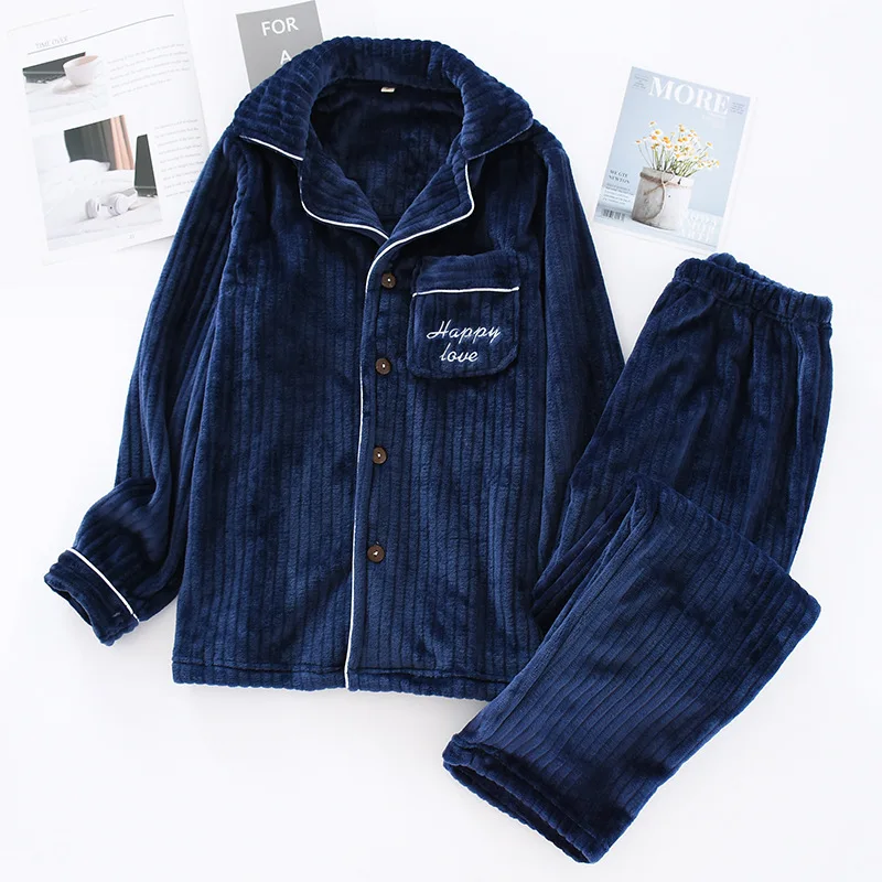 Winter Couples Casual Pajama sets Men Thick Warm velvet Sleepwear suit Male Long sleeve Turn-down collar Coat+ Pants XXL