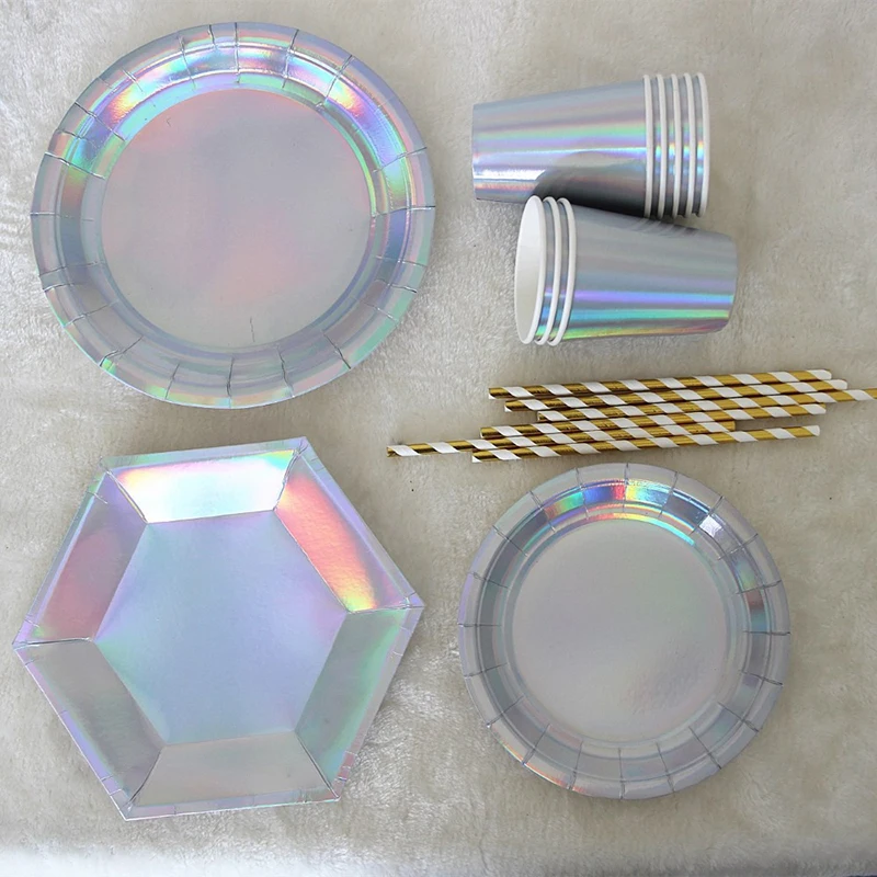 Rose Gold Disposable Tableware sets Paper Plates/cups/straws Iridescent Wedding Birthday Party Decor rainbow Dish Party Supplies