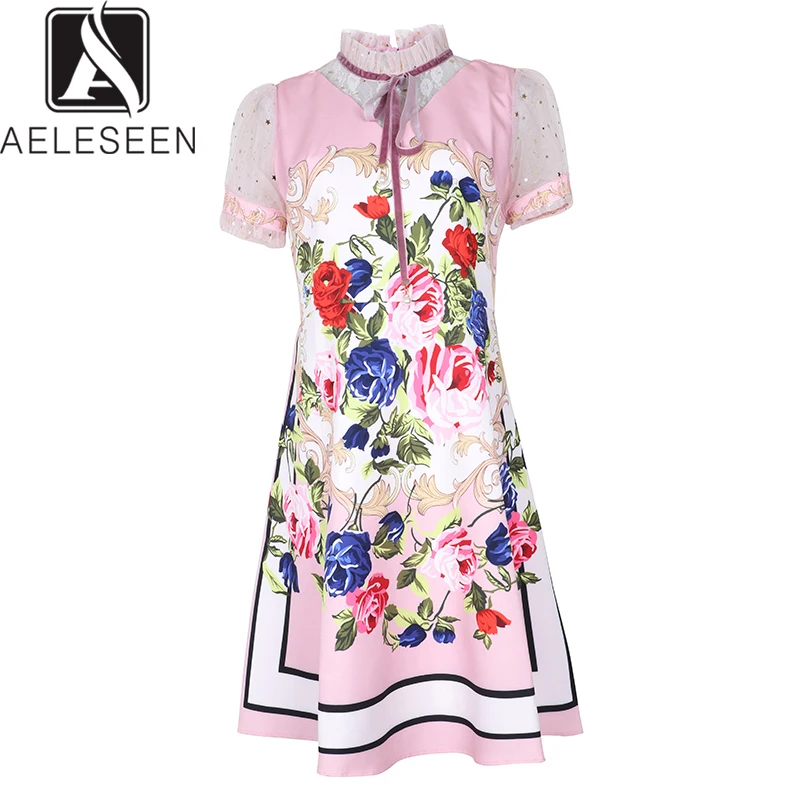 

AELESEEN Runway Floral Print Dresses Women 2019 New Design Autumn Sweet Pink Luxury Mesh Elegant Ruffled Collar Rose Mini Dress