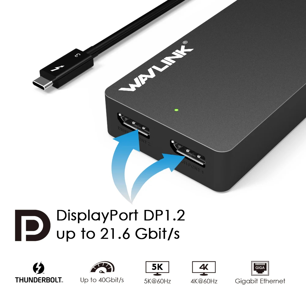 Док станция Wavlink Thunderbolt 3 USB C Dual 4K @ 60Hz DisplayPort 5K с 0 Gigabit Ethernet для ноутбука Macbook