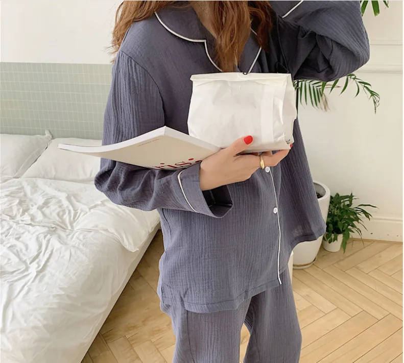 Women's Pajamas Spring Autumn Gauze Long-Sleeve Trouser Sleepwear Cotton Solid Color Lapel Cardigan Korean Casual Loose Homewear pajama sets for women