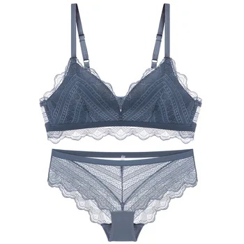 

French Triangle Cup Bra Set with No Ribbed Ring Thin Cotton Bra with Small Bust Comfortable Breathable Lace Bra